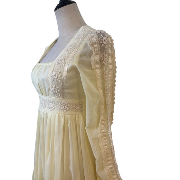 Vtg Gunne Sax Maxi Dress Butter Yellow Cream Long Sleeve Embroidered Lace Sz 9 - Picture 4 of 12
